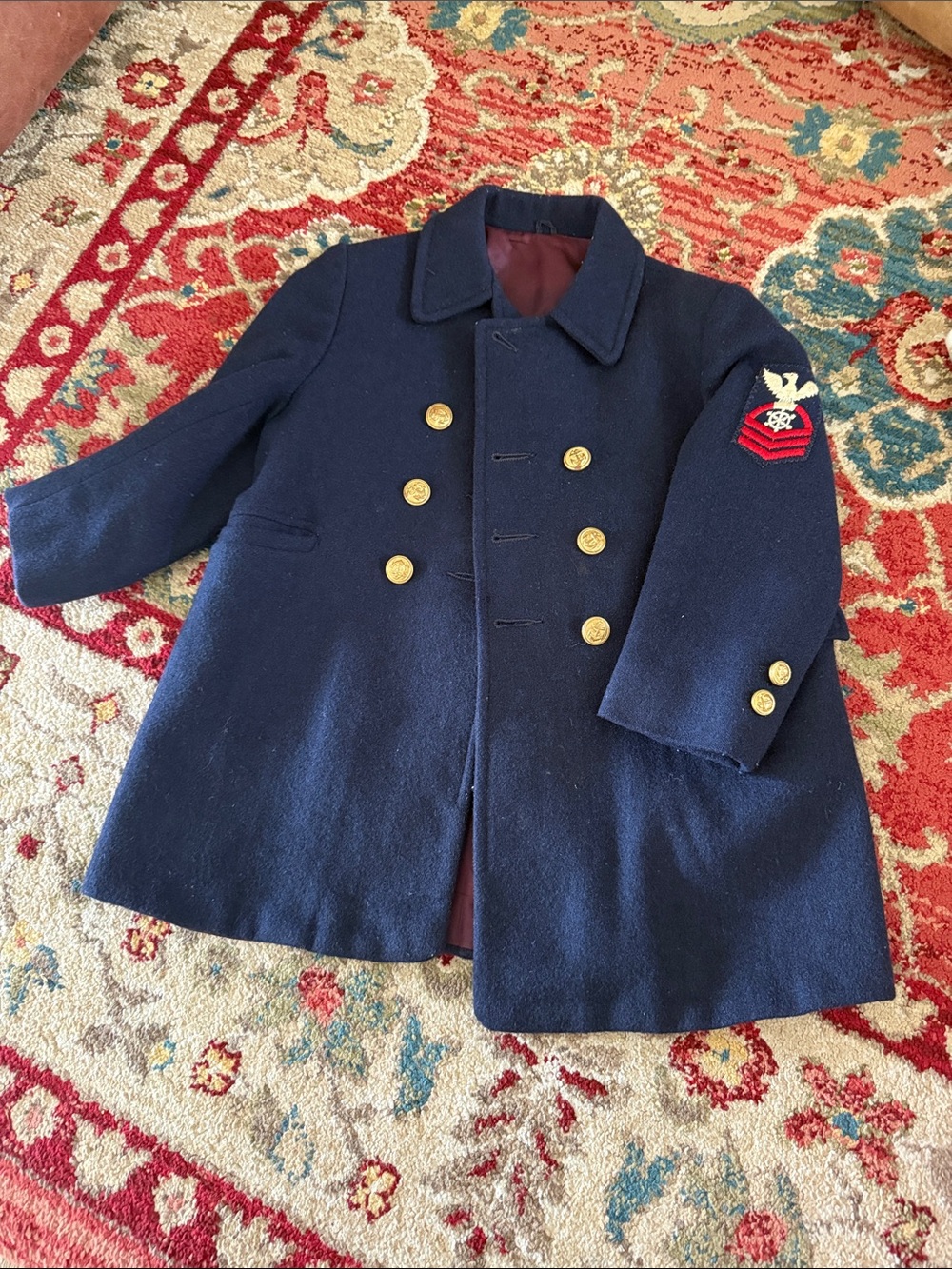 Navy Wool Peacoat with Gold Buttons and Military Patch